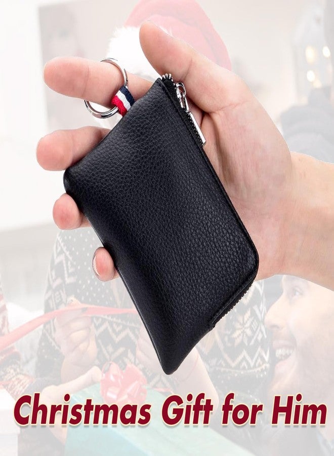 imeetu Leather Coin Purse Wallet, Mini Dual Keyrings Change Pouch Card Holder for Men Women (Black, large) - Image 2
